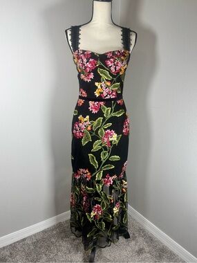 Bronx and Banco Cordelia Embroidered Lace Midi Dress Black Multi S
